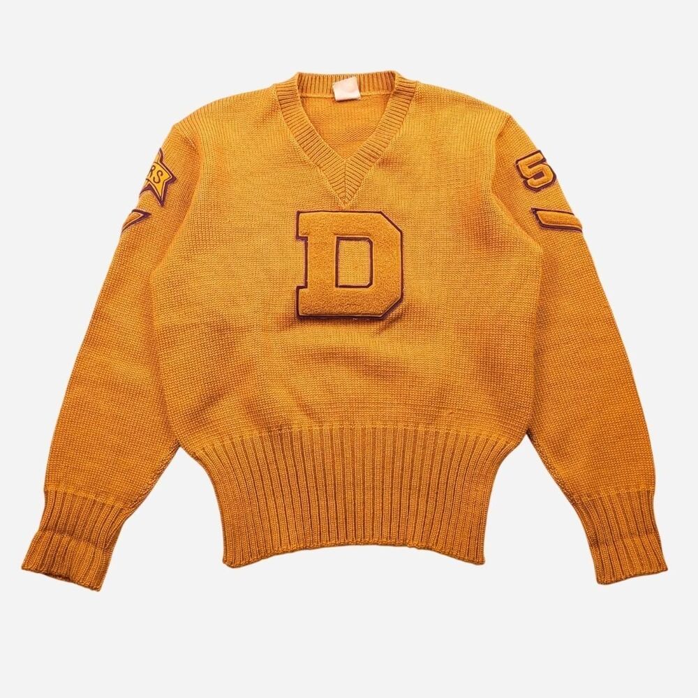 Vintage 50s Wool Varsity Sweater Yellow Size Medium Lettermen Denfield MN